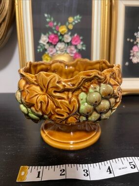 Vintage 70 s timeHand-Glazed Amber Ceramic Pedestal Bowl with Green Grape Relief